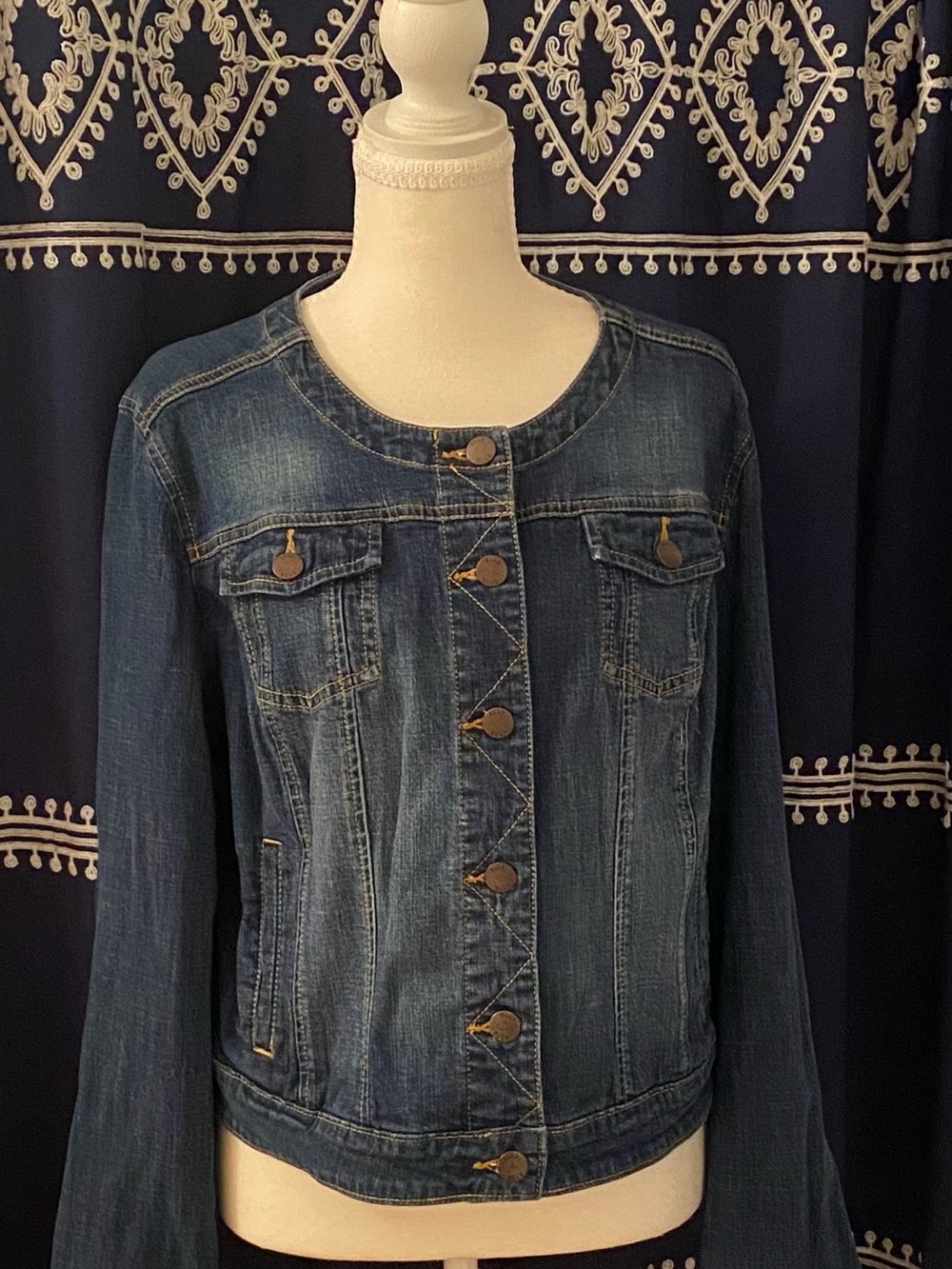 Elle Dark Blue Collarless Denim Jacket